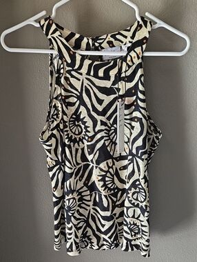 100% Linen Nicole Miller Sleeveless Patterned Blouse Black Cream Floral New Fall